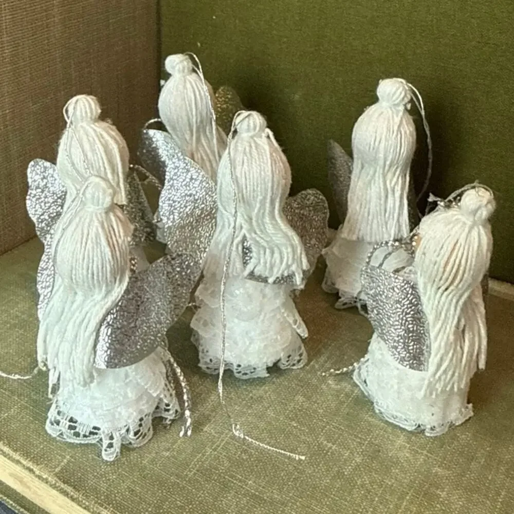 Vintage Angel Ornaments • Set of 6 • Silver Wings & Roses • 2.75”